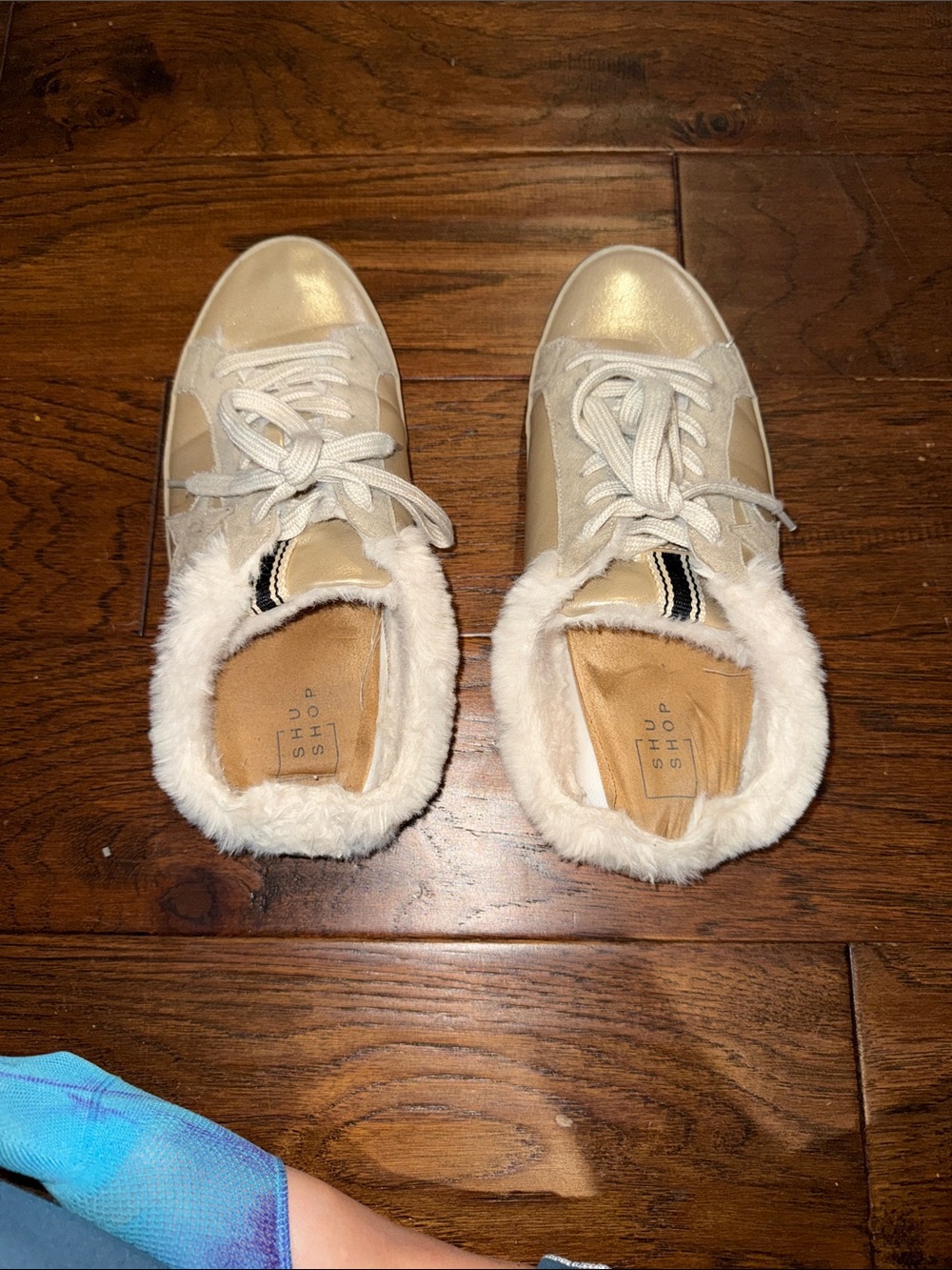 ShuShop Metallic Gold Sneakers with White Faux-Fur Trim